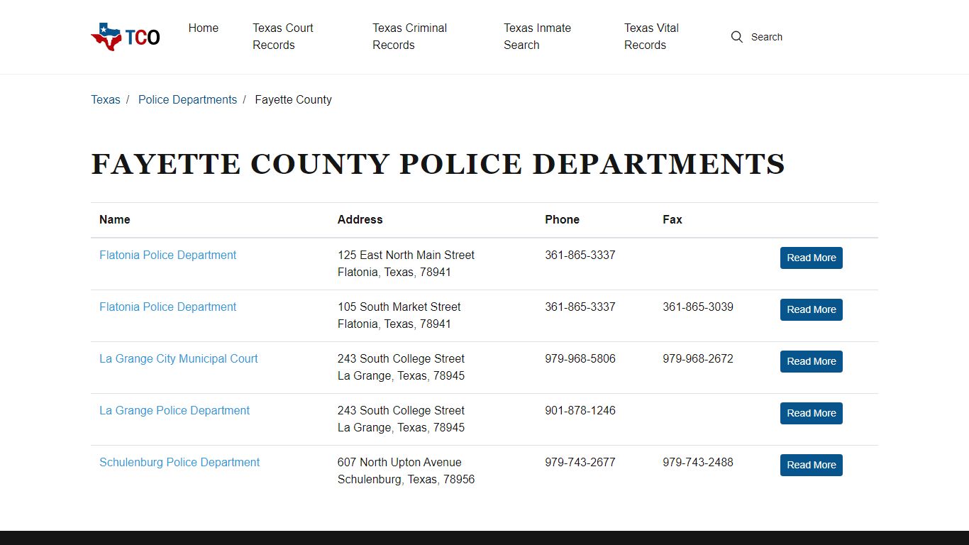 TX Police Departments in Fayette County - List and Info